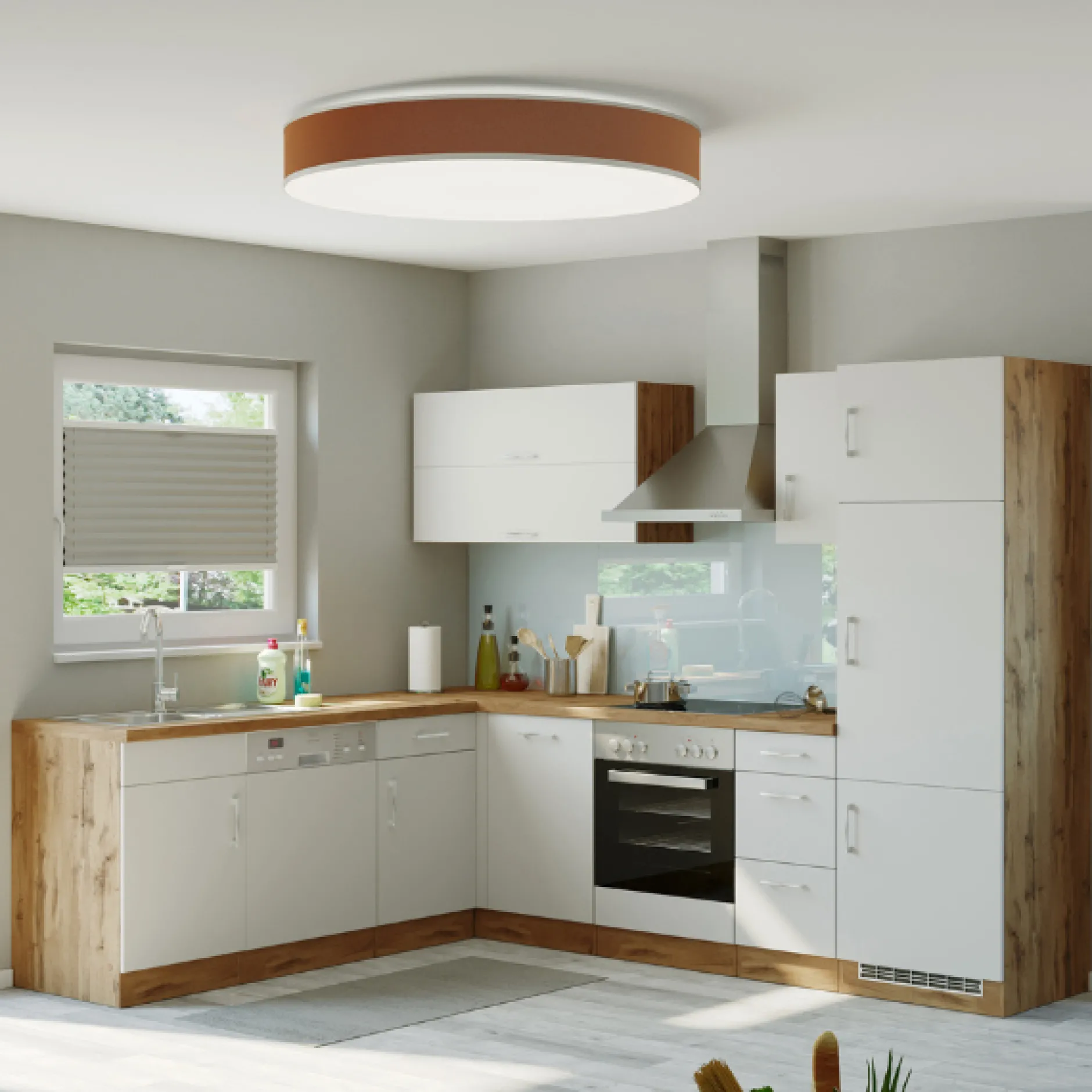 Küchenzeile in L-Form Sorrella 270cm mit Backofen, Geschirrspüler und Kühlschrank - weiß/Eiche