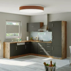 Küchenzeile in L-Form Sorrella 270cm mit Backofen, Geschirrspüler und Kühlschrank - anthrazit/eiche