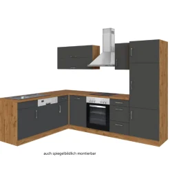 Küchenzeile in L-Form Sorrella 270cm mit Backofen, Geschirrspüler und Kühlschrank - anthrazit/eiche