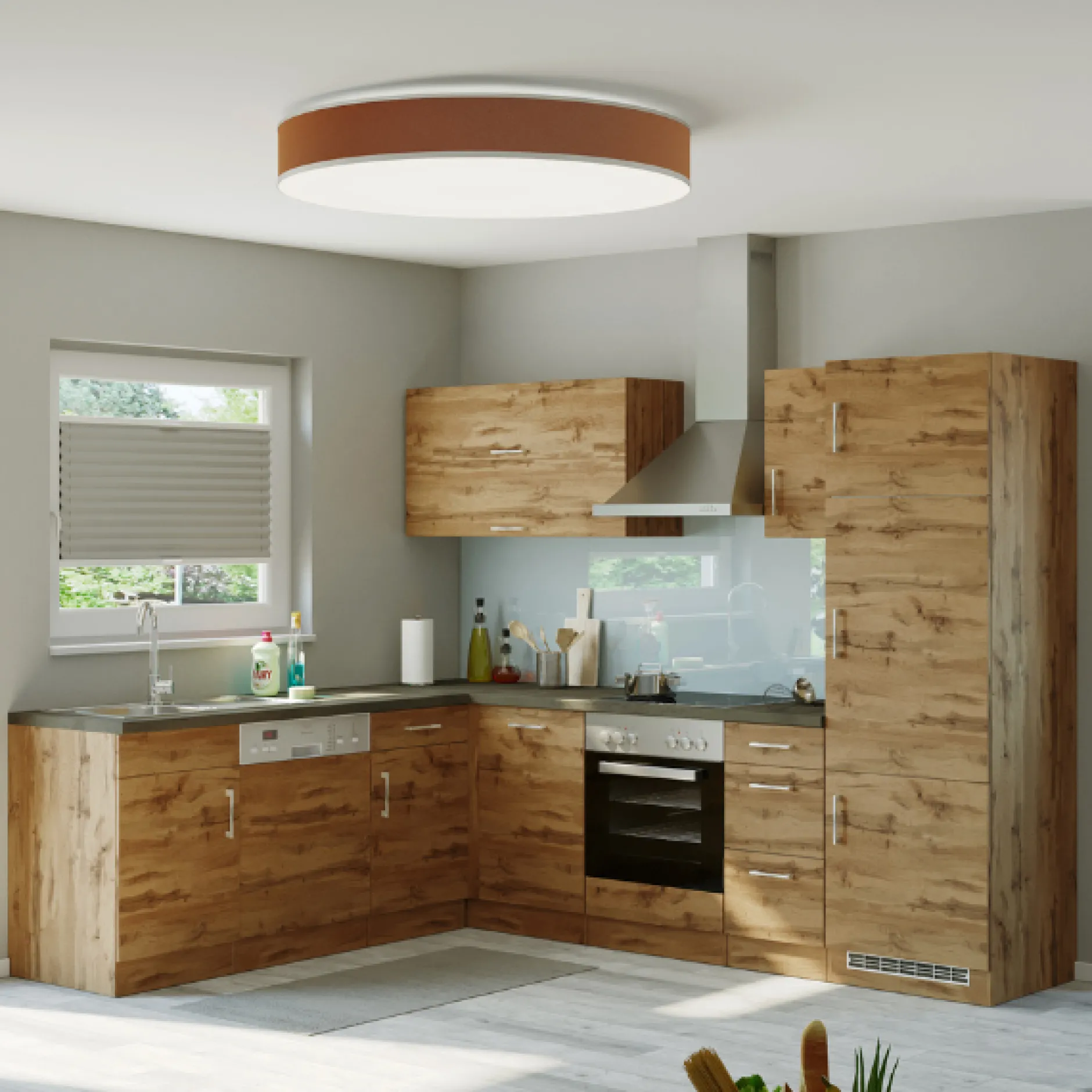 Küchenzeile in L-Form Sorrella 270cm mit Backofen, Geschirrspüler und Kühlschrank - Eiche