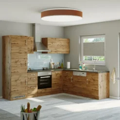 Küchenzeile in L-Form Sorrella 270cm mit Backofen, Geschirrspüler und Kühlschrank - Eiche