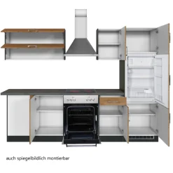 Küchenzeile in L-Form Sorrella 270cm mit Backofen, Geschirrspüler und Kühlschrank - Eiche/Graphit
