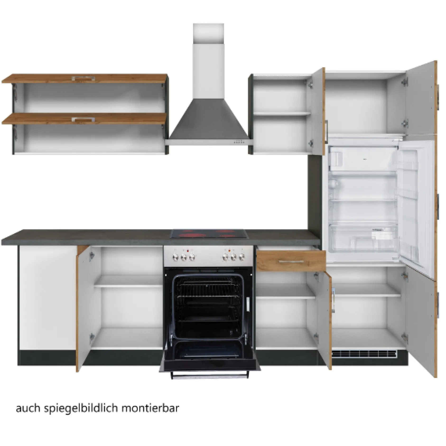 Küchenzeile in L-Form Sorrella 270cm mit Backofen, Geschirrspüler und Kühlschrank - Eiche/Graphit