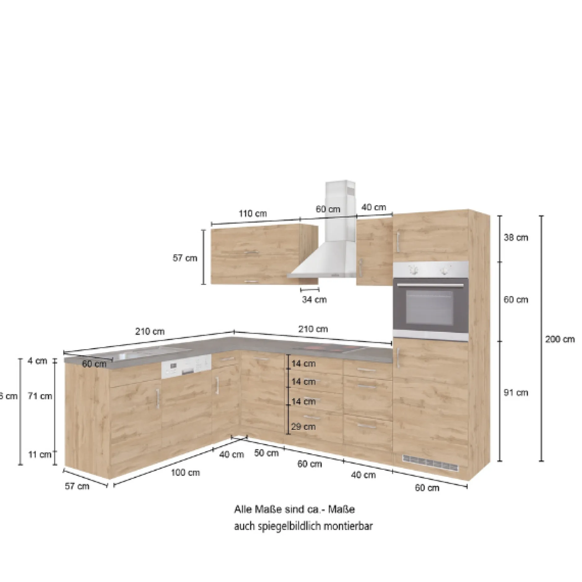 Küchenzeile in L-Form Sorrella 270cm mit Backofen, Geschirrspüler und Kühlschrank - weiß/Eiche