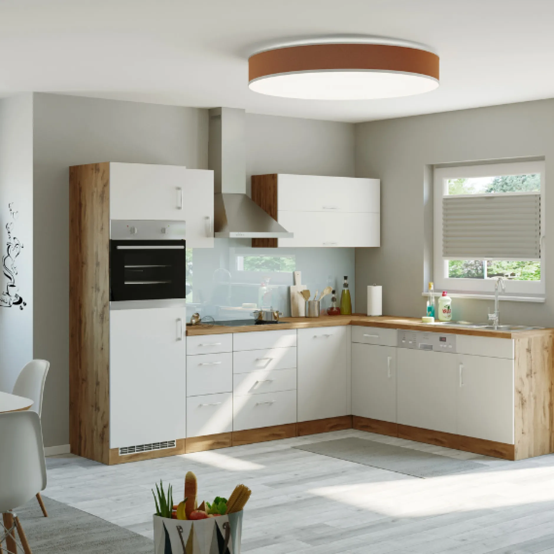 Küchenzeile in L-Form Sorrella 270cm mit Backofen, Geschirrspüler und Kühlschrank - weiß/Eiche