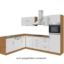 Küchenzeile in L-Form Sorrella 270cm mit Backofen, Geschirrspüler und Kühlschrank - weiß/Eiche
