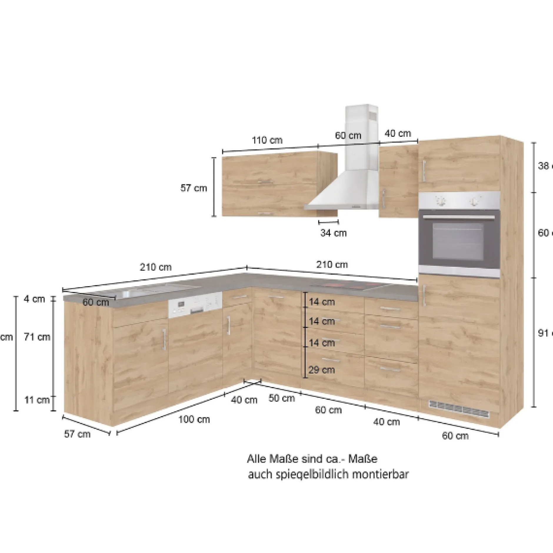 Küchenzeile in L-Form Sorrella 270cm mit Backofen, Geschirrspüler und Kühlschrank - Eiche