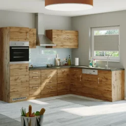 Küchenzeile in L-Form Sorrella 270cm mit Backofen, Geschirrspüler und Kühlschrank - Eiche