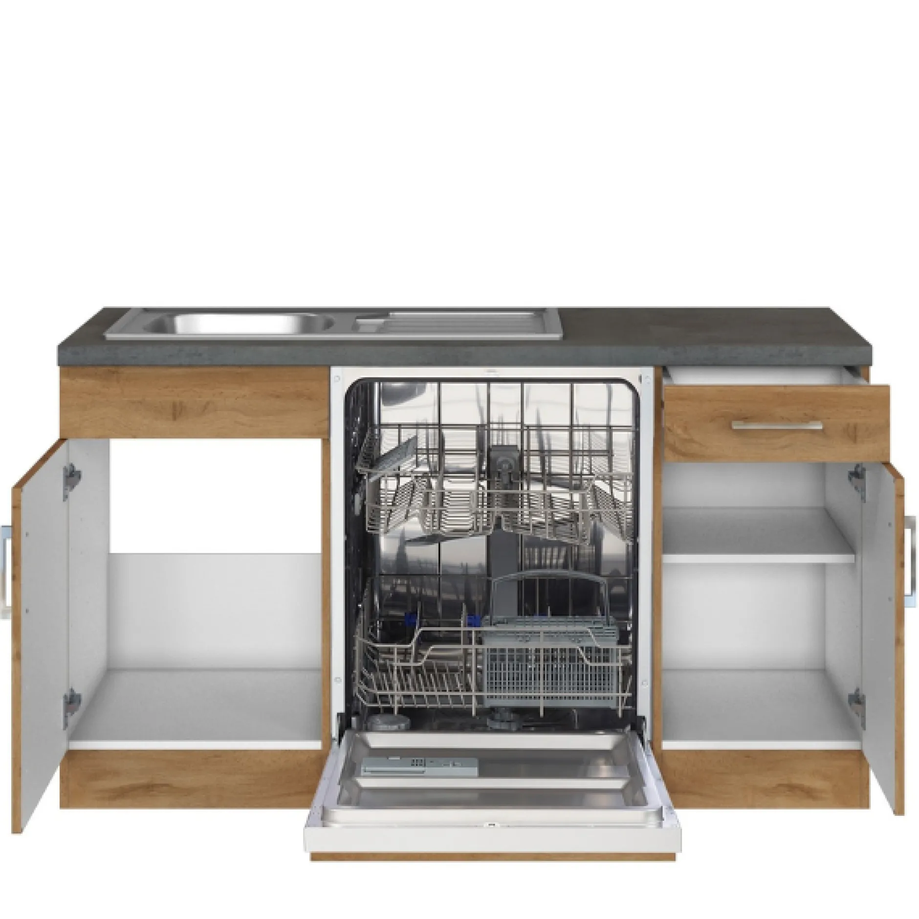 Küchenzeile in L-Form Sorrella 270cm mit Backofen, Geschirrspüler und Kühlschrank - Eiche