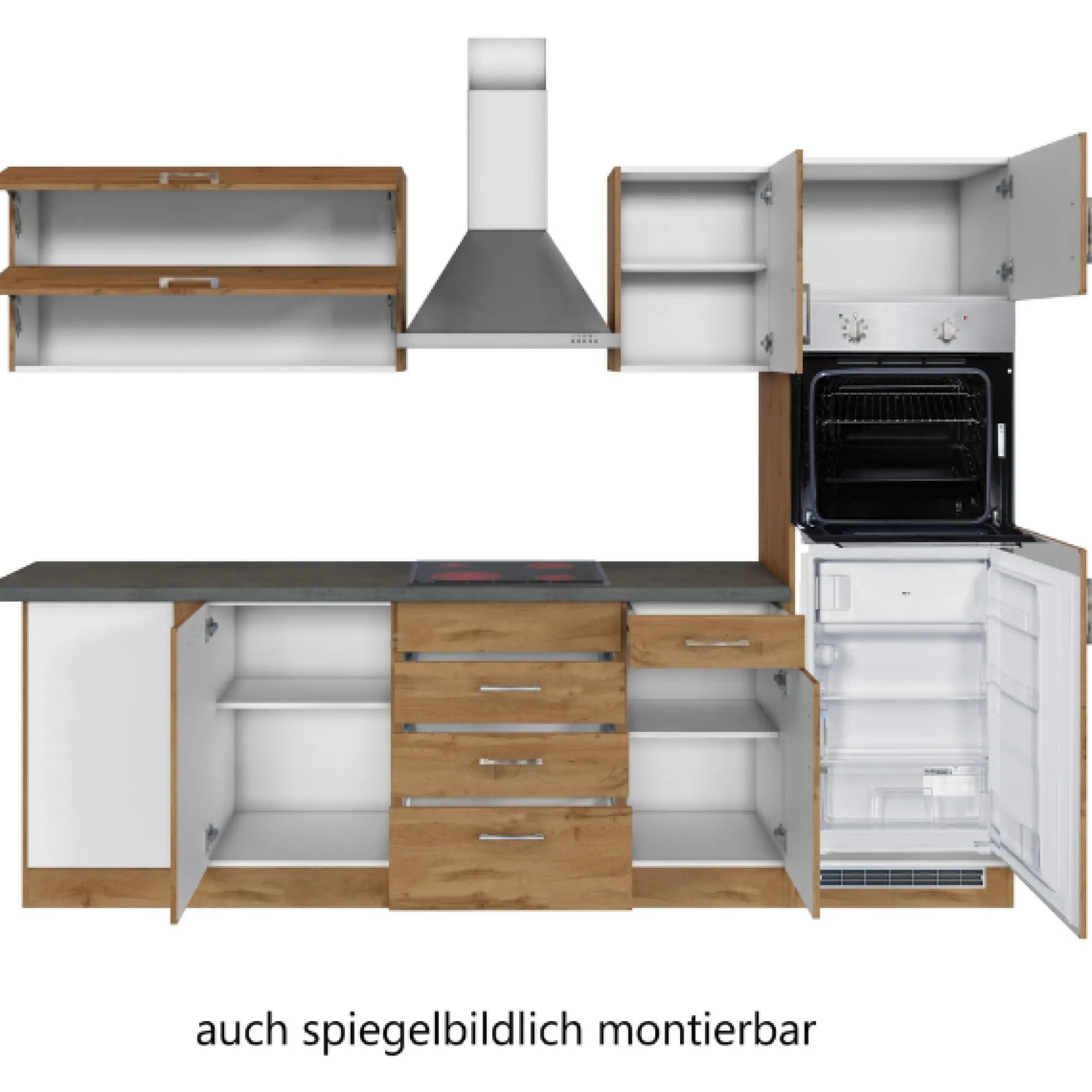 Küchenzeile in L-Form Sorrella 270cm mit Backofen, Geschirrspüler und Kühlschrank - Eiche