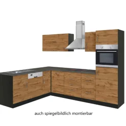 Küchenzeile in L-Form Sorrella 270cm mit Backofen, Geschirrspüler und Kühlschrank - Eiche/Graphit