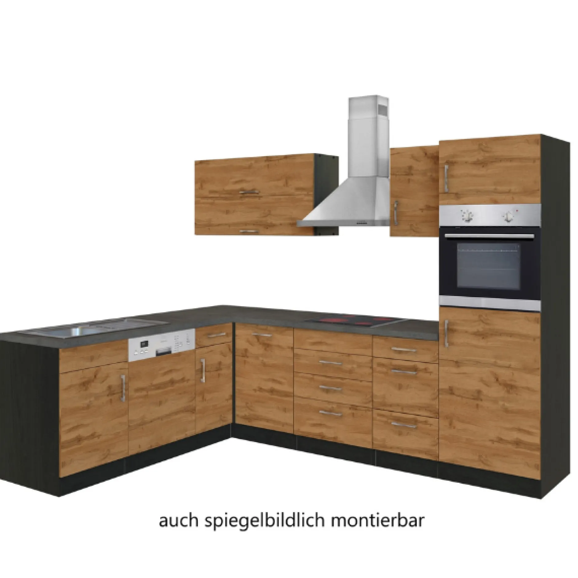 Küchenzeile in L-Form Sorrella 270cm mit Backofen, Geschirrspüler und Kühlschrank - Eiche/Graphit