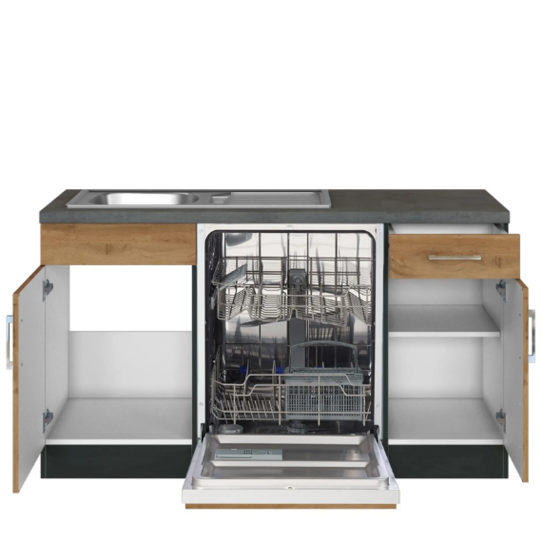 Küchenzeile in L-Form Sorrella 270cm mit Backofen, Geschirrspüler und Kühlschrank - Eiche/Graphit