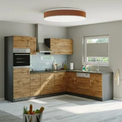 Küchenzeile in L-Form Sorrella 270cm mit Backofen, Geschirrspüler und Kühlschrank - Eiche/Graphit