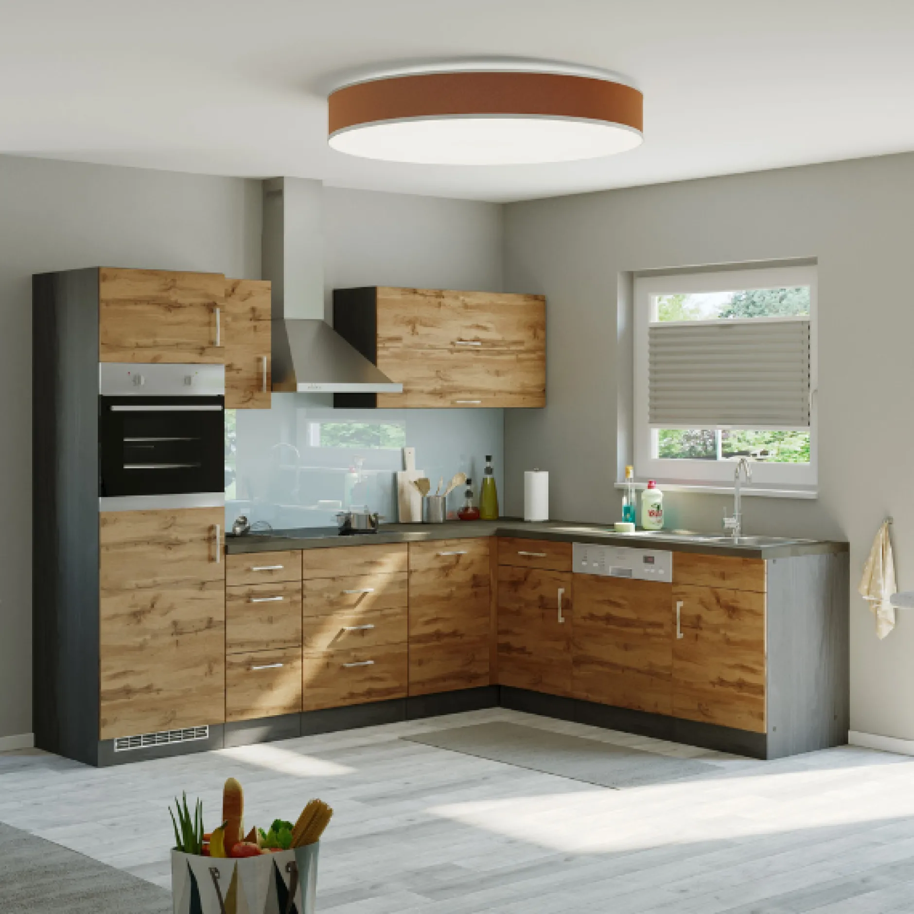 Küchenzeile in L-Form Sorrella 270cm mit Backofen, Geschirrspüler und Kühlschrank - Eiche/Graphit