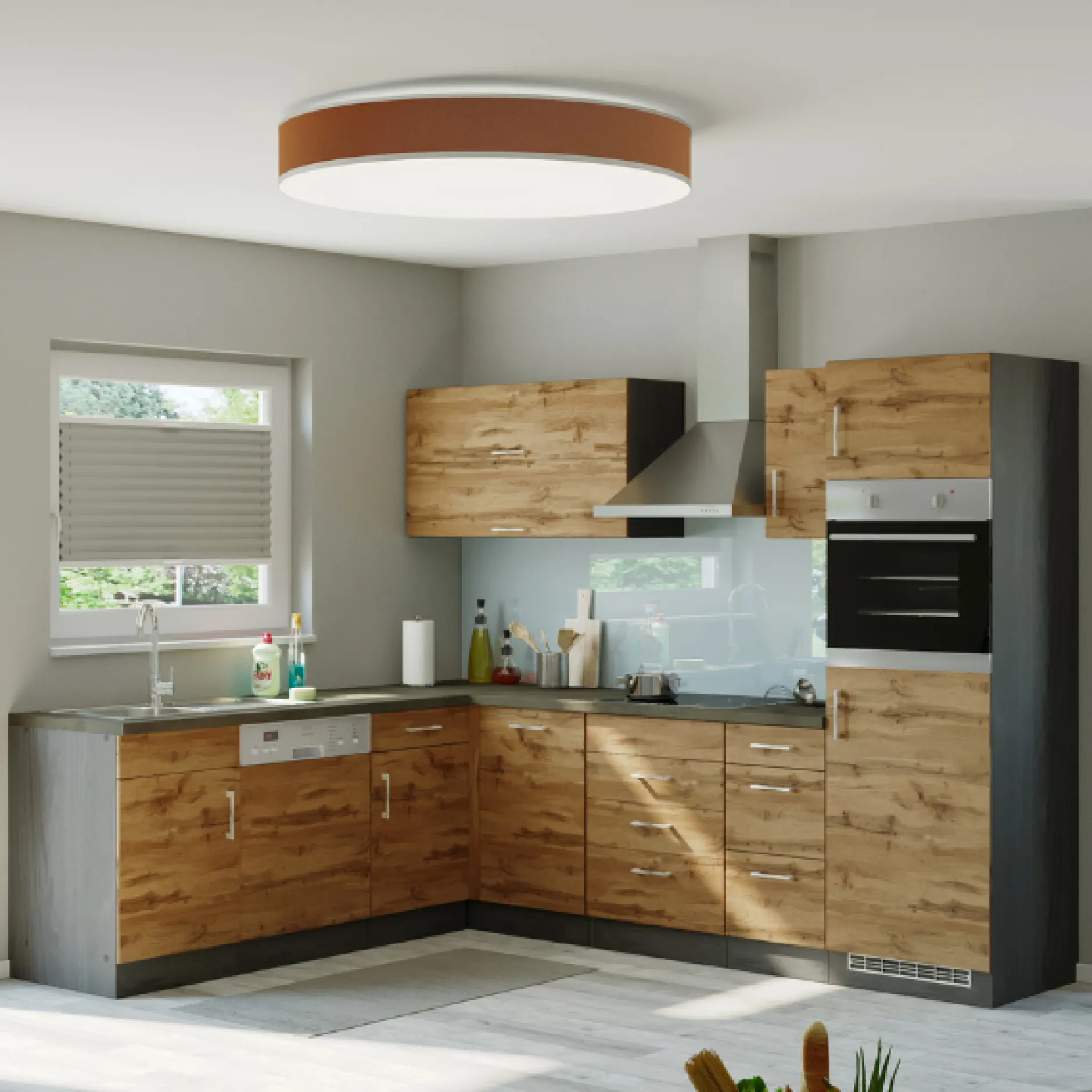 Küchenzeile in L-Form Sorrella 270cm mit Backofen, Geschirrspüler und Kühlschrank - Eiche/Graphit