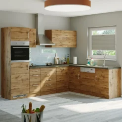 Küchenzeile L-Form Sorrella 270cm mit Platz für Backofen, Geschirrspüler und Kühlschrank - Eiche