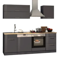 Küchenzeile Ragnar 220cm mit Backofen und Geschirrspüler - Hochglanz anthrazit