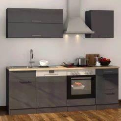 Küchenzeile Ragnar 220cm mit Backofen und Geschirrspüler - Hochglanz anthrazit