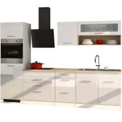 Küchenzeile Ragnar 290cm mit Backofen und Kühlschrank - Hochglanz weiß