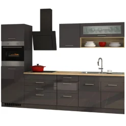 Küchenzeile Ragnar 290cm mit Backofen und Kühlschrank - Hochglanz anthrazit