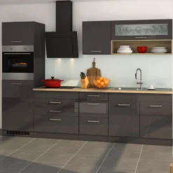 Küchenzeile Ragnar 290cm mit Backofen und Kühlschrank - Hochglanz anthrazit