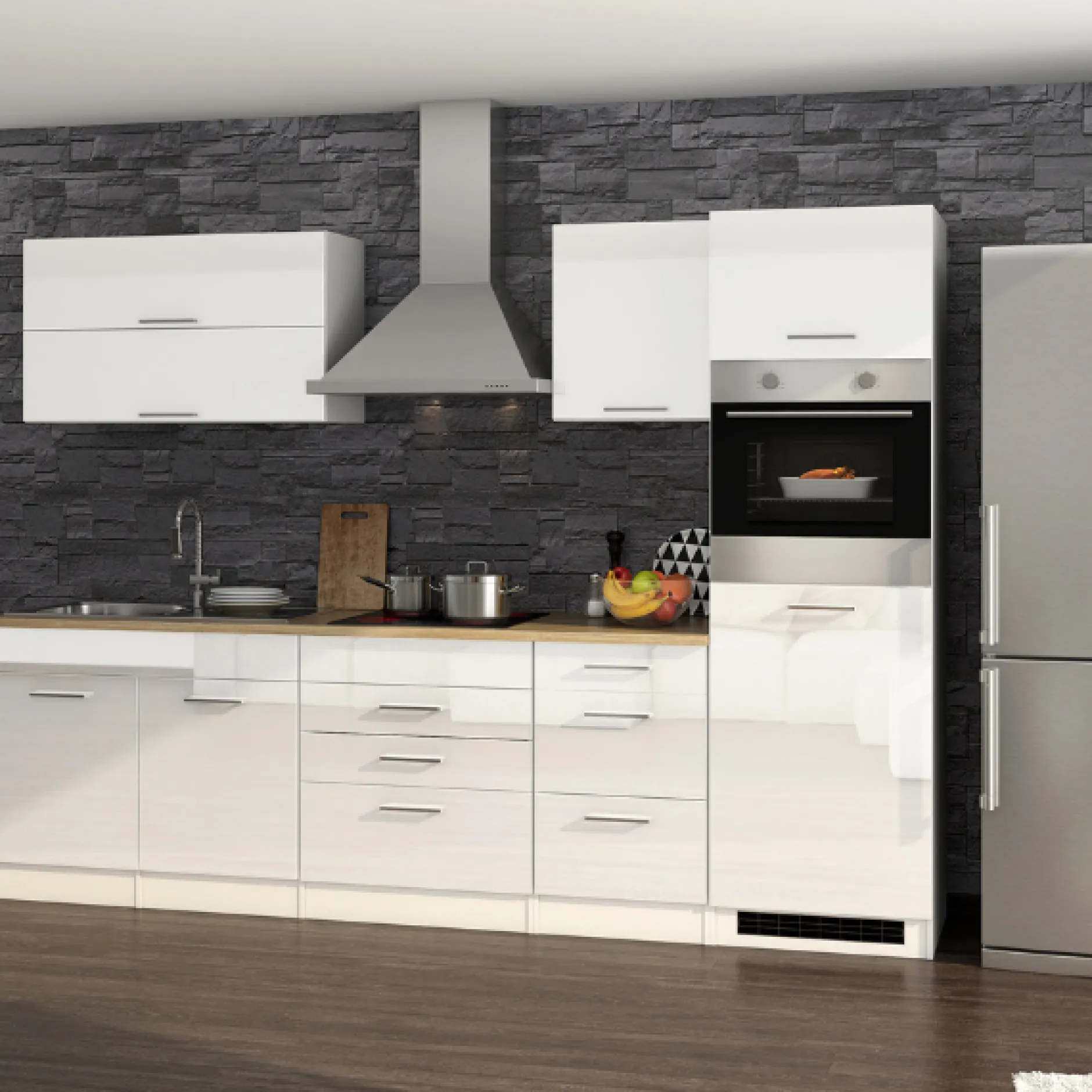 Küchenzeile Ragnar 290cm mit Backofen - Hochglanz weiß