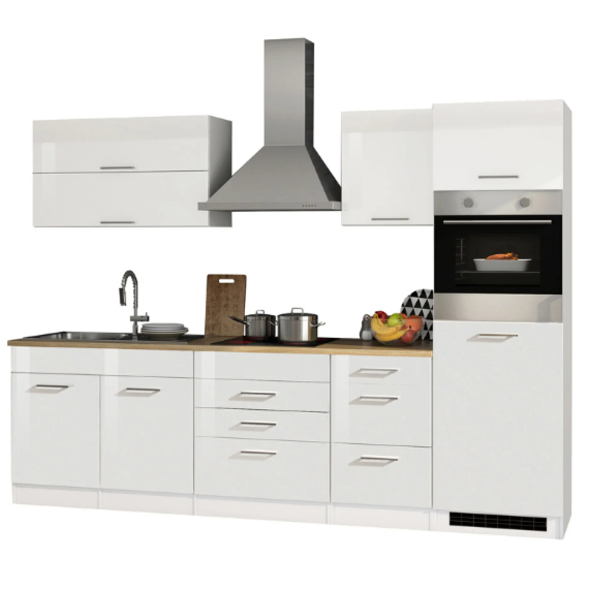 Küchenzeile Ragnar 290cm mit Backofen - Hochglanz weiß