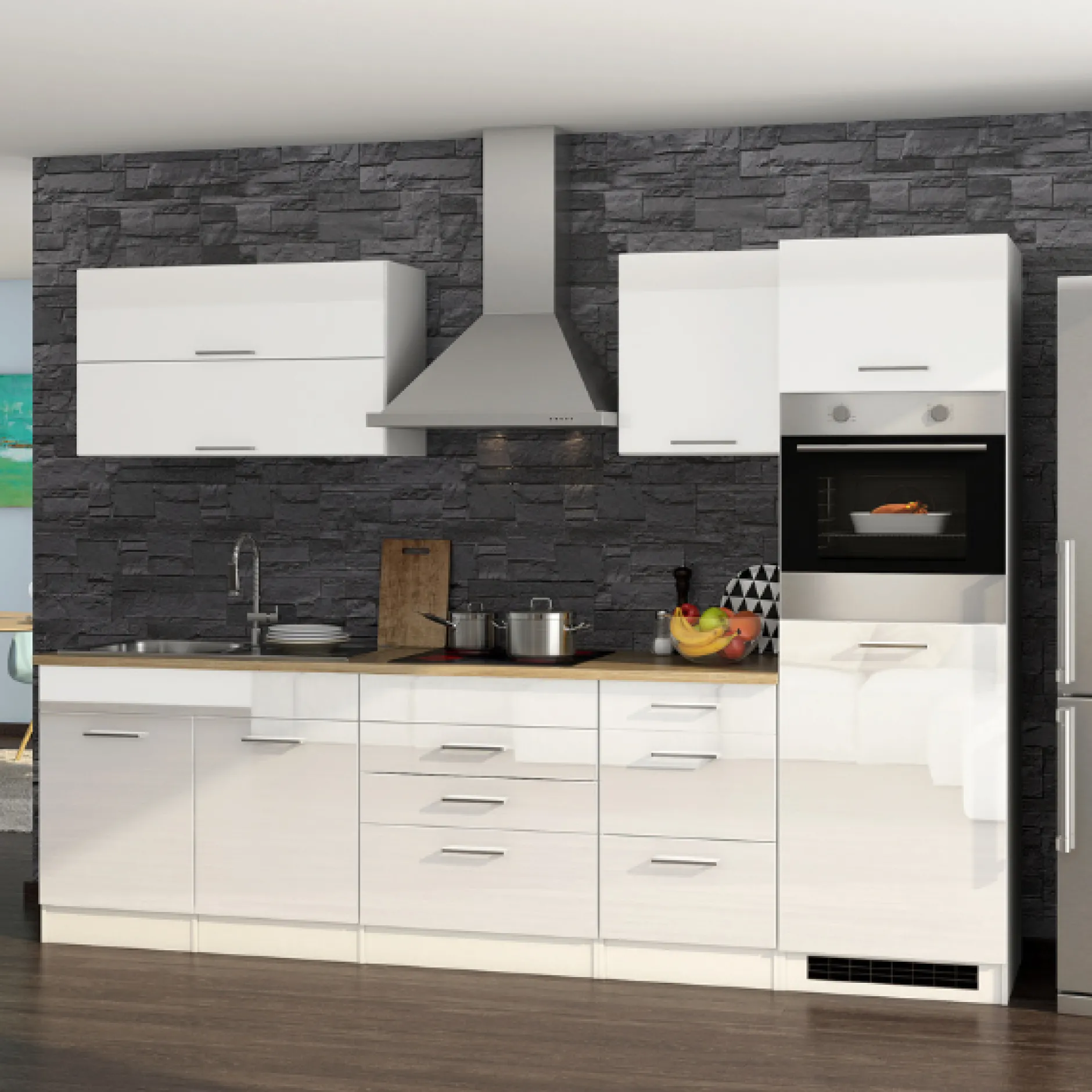 Küchenzeile Ragnar 290cm mit Backofen und Kühlschrank - Hochglanz weiß