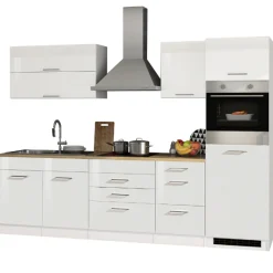 Küchenzeile Ragnar 290cm mit Backofen und Kühlschrank - Hochglanz weiß