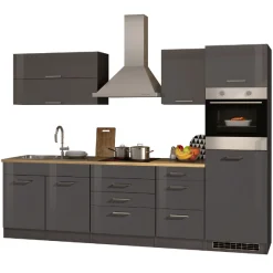 Küchenzeile Ragnar 290cm mit Backofen und Kühlschrank - Hochglanz anthrazit