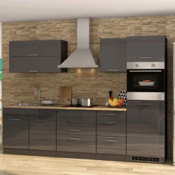 Küchenzeile Ragnar 290cm mit Backofen und Kühlschrank - Hochglanz anthrazit