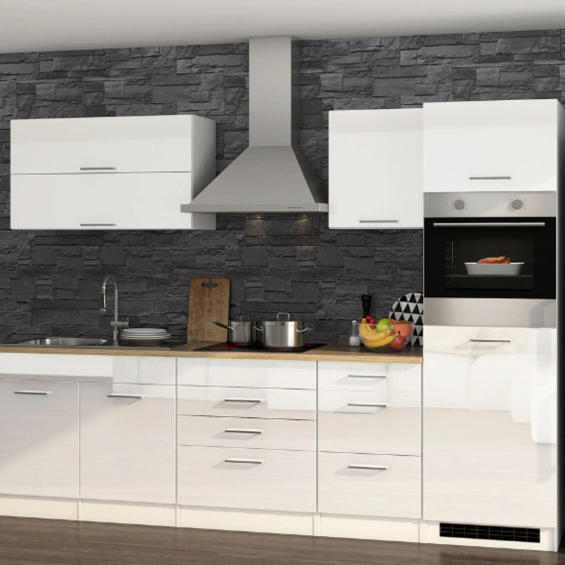 Küchenzeile Ragnar 290cm mit Backofen - Hochglanz weiß
