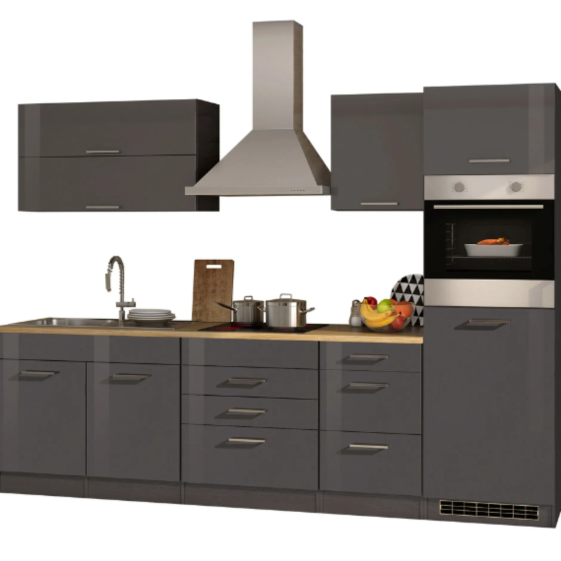 Küchenzeile Ragnar 290cm mit Backofen - Hochglanz anthrazit