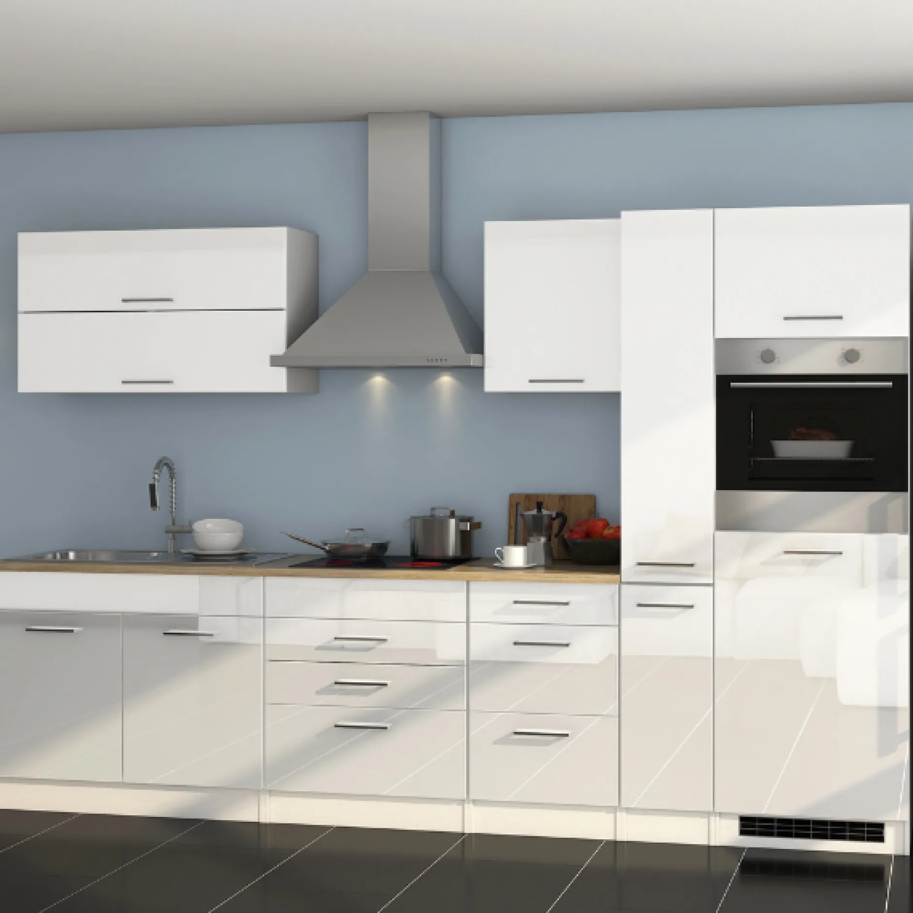 Küchenzeile Ragnar 320cm mit Backofen - Hochglanz weiß
