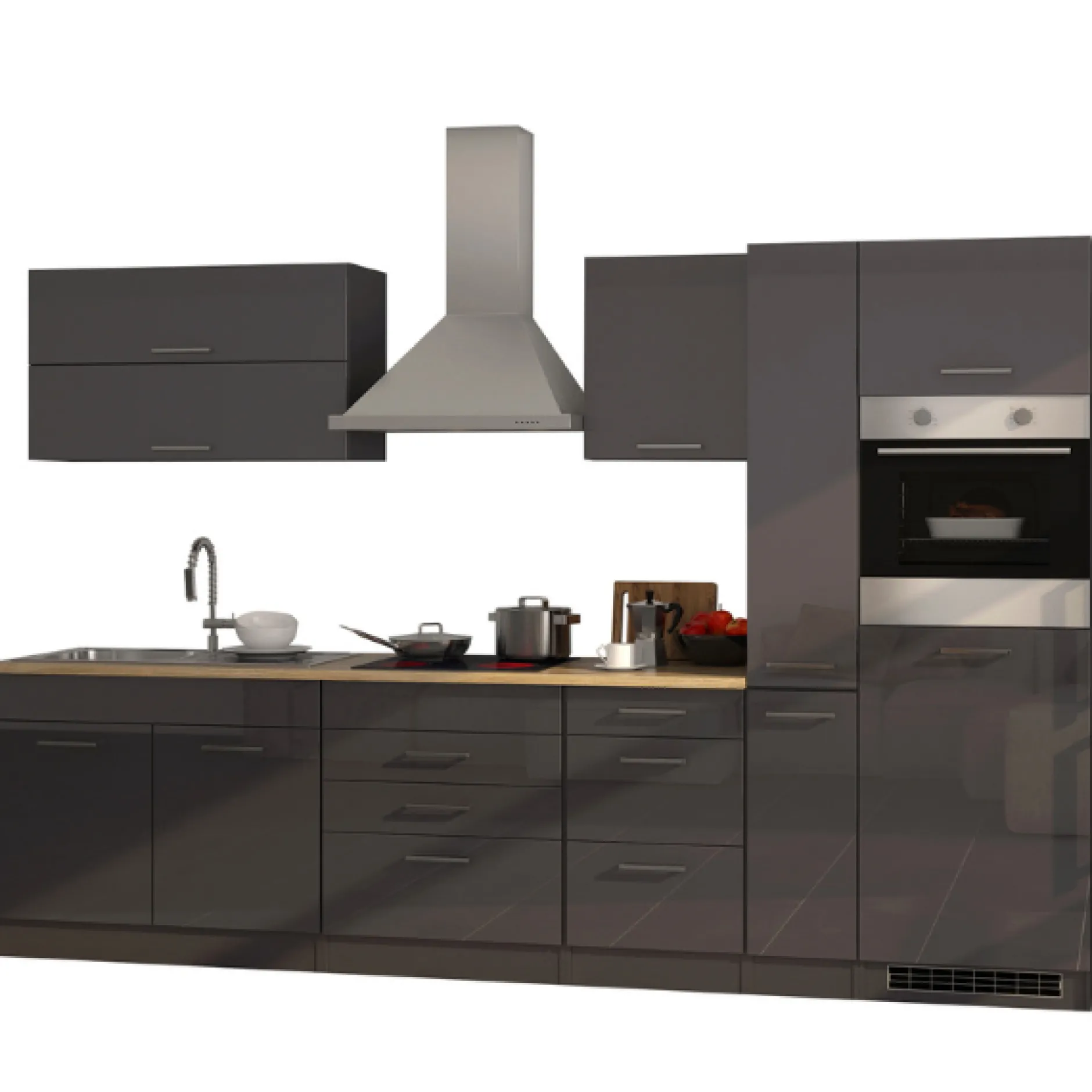 Küchenzeile Ragnar 320cm mit Backofen - Hochglanz anthrazit