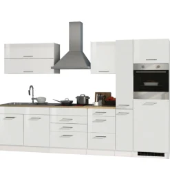 Küchenzeile Ragnar 320cm mit Backofen und Kühlschrank - Hochglanz weiß