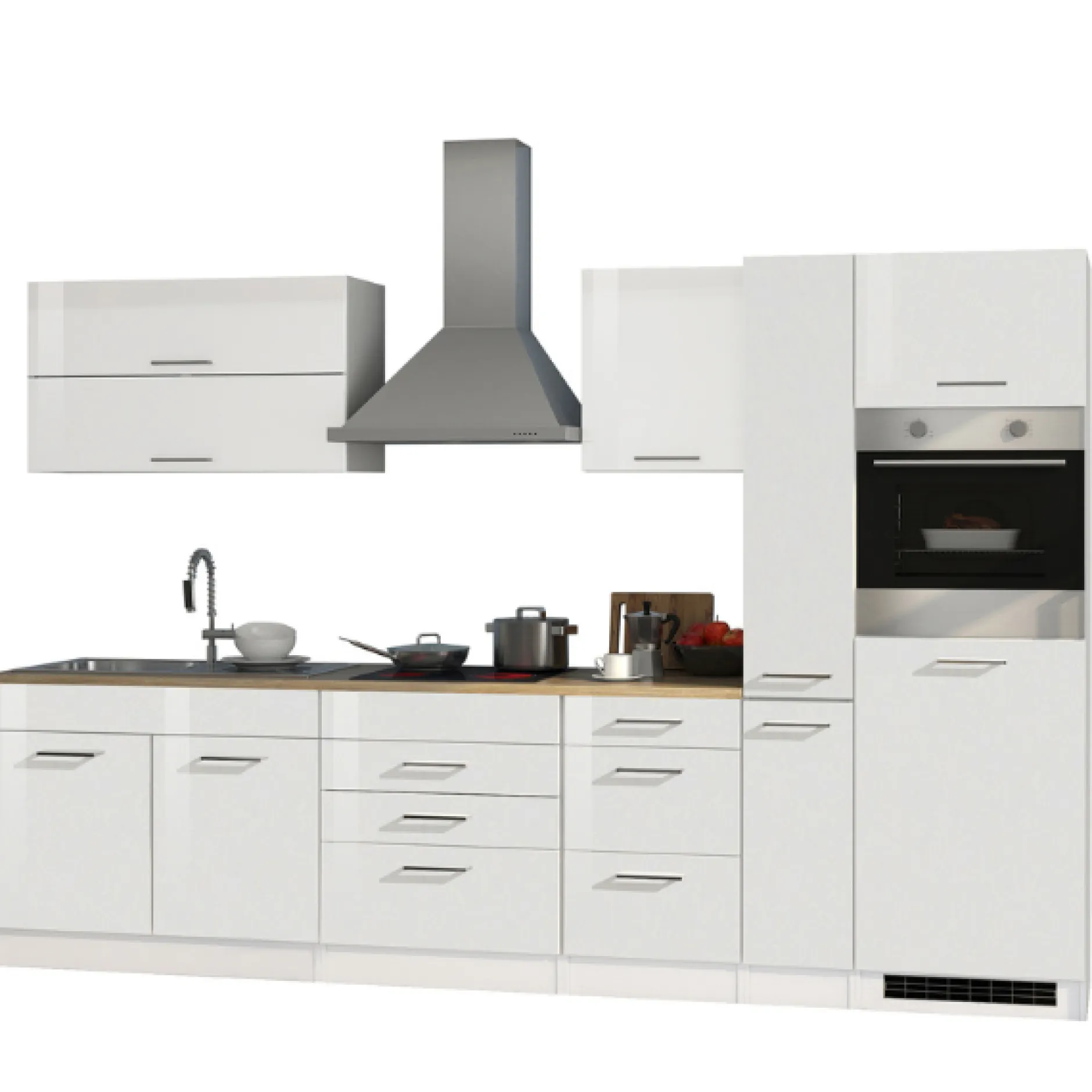 Küchenzeile Ragnar 320cm mit Backofen und Kühlschrank - Hochglanz weiß