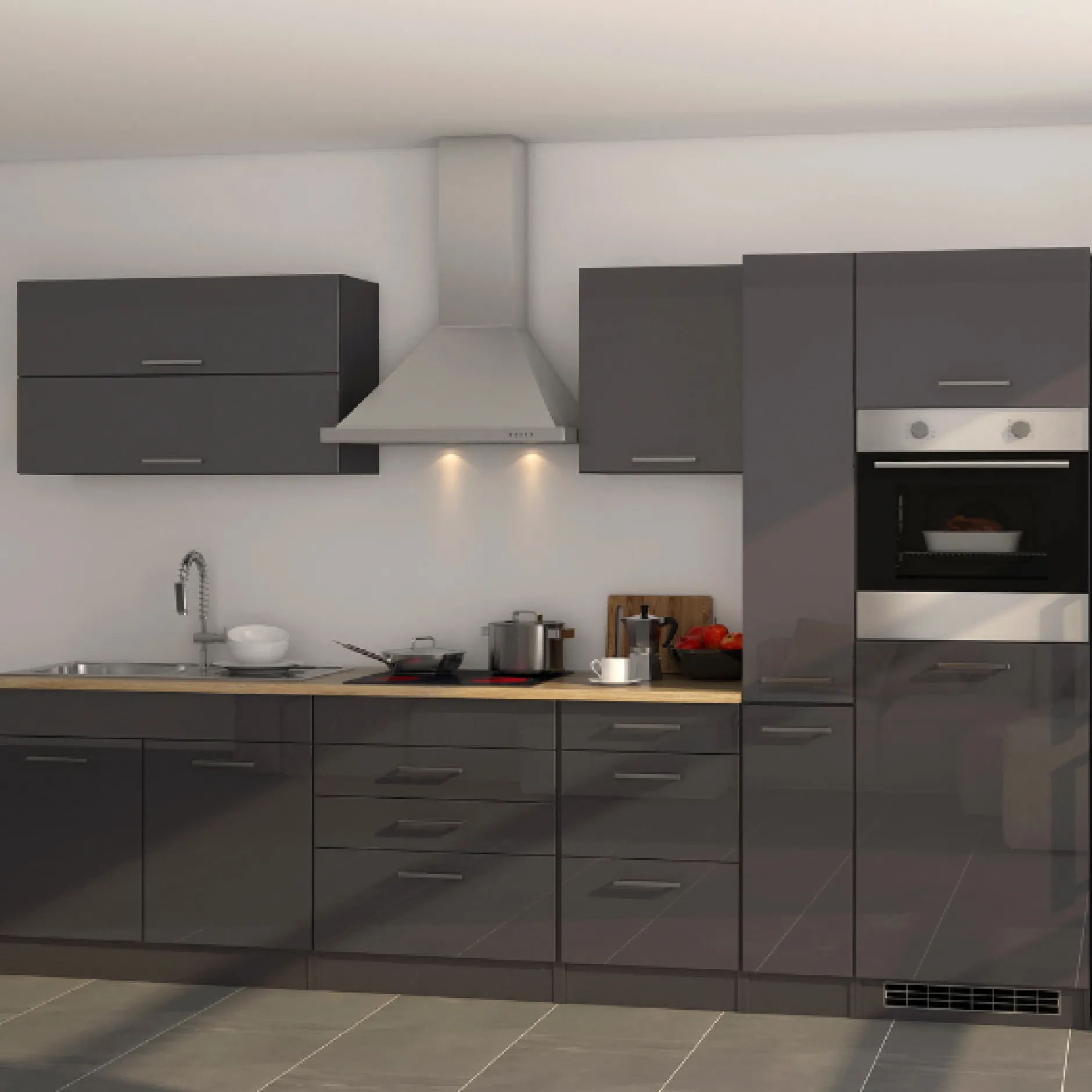 Küchenzeile Ragnar 320cm mit Backofen und Kühlschrank - Hochglanz anthrazit