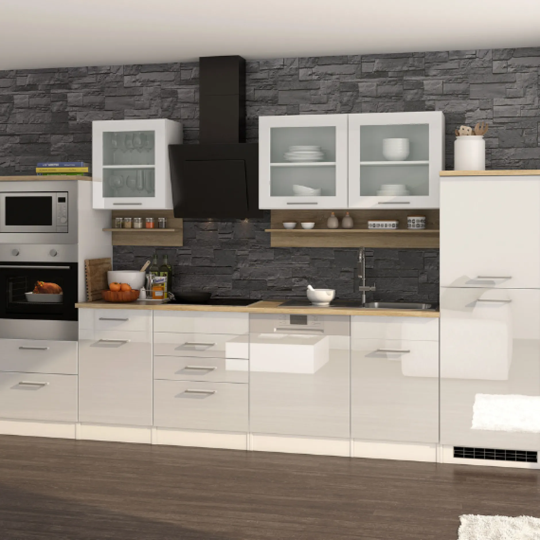 Küchenzeile Ragnar 340cm mit Backofen, Mikrowelle, Geschirrspüler und Kühlschrank - hochglänzend weiß