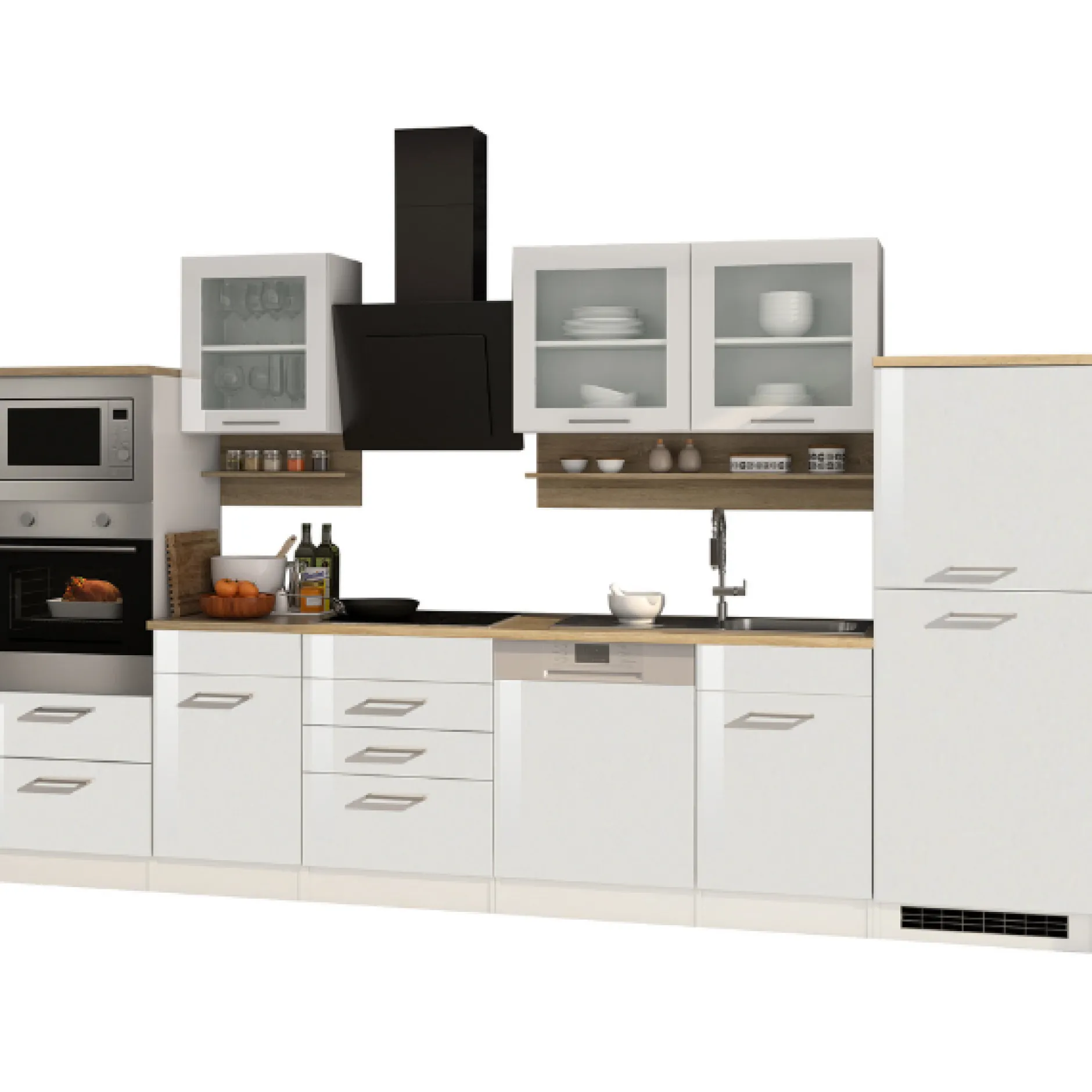 Küchenzeile Ragnar 340cm mit Backofen, Mikrowelle, Geschirrspüler und Kühlschrank - hochglänzend weiß