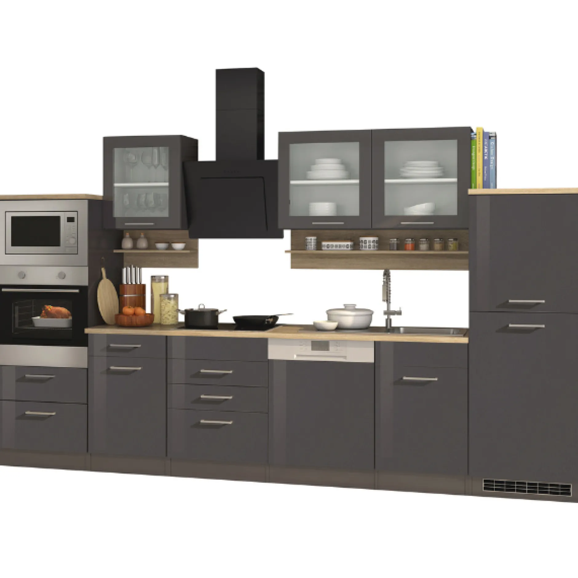 Küchenzeile Ragnar 340cm mit Backofen, Mikrowelle, Geschirrspüler und Kühlschrank - anthrazit hochglanz
