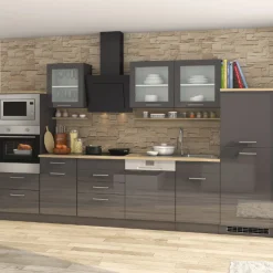 Küchenzeile Ragnar 340cm mit Backofen, Mikrowelle, Geschirrspüler und Kühlschrank - anthrazit hochglanz