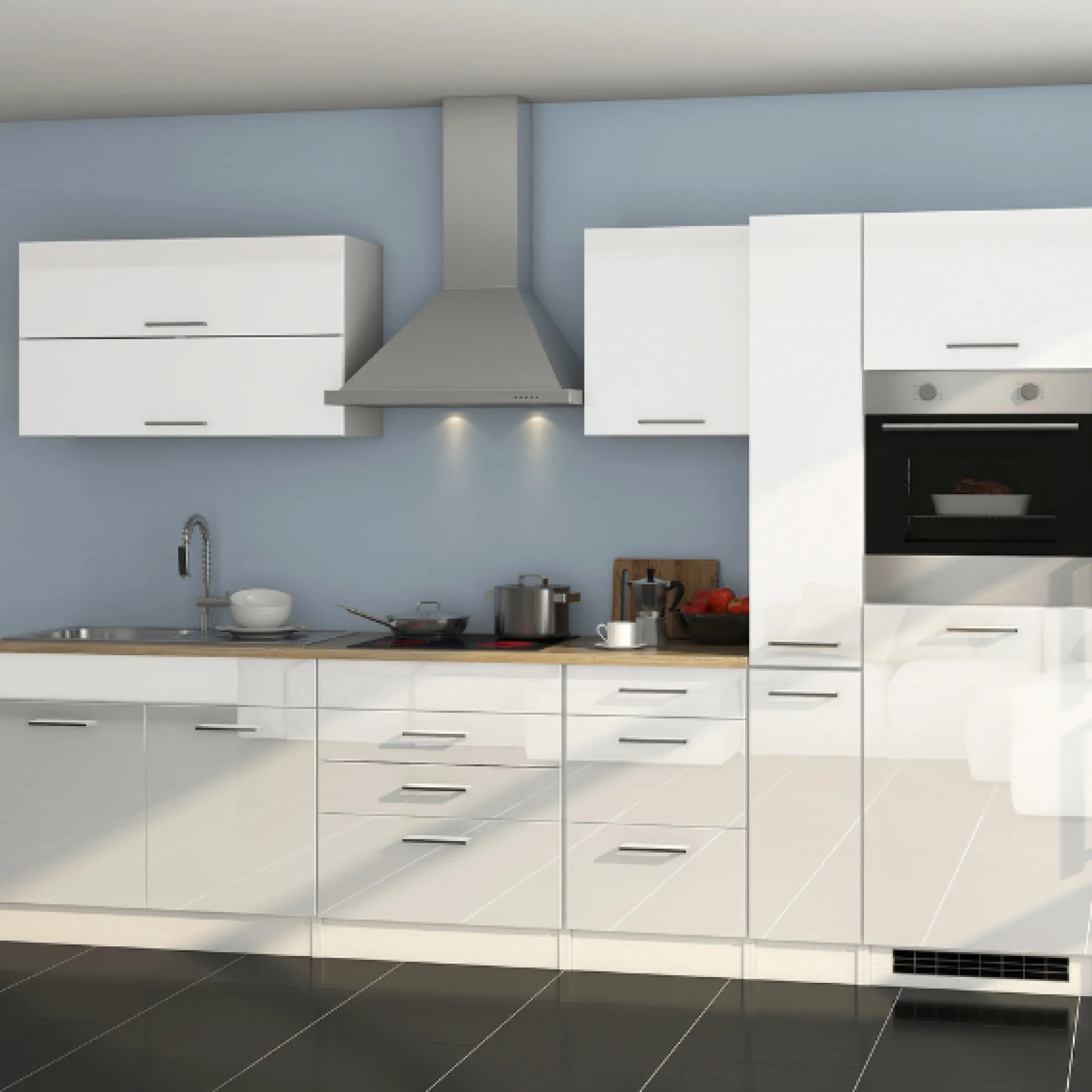 Küchenzeile Ragnar 320cm mit Backofen und Kühlschrank - Hochglanz weiß