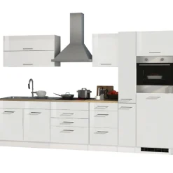 Küchenzeile Ragnar 320cm mit Backofen und Kühlschrank - Hochglanz weiß