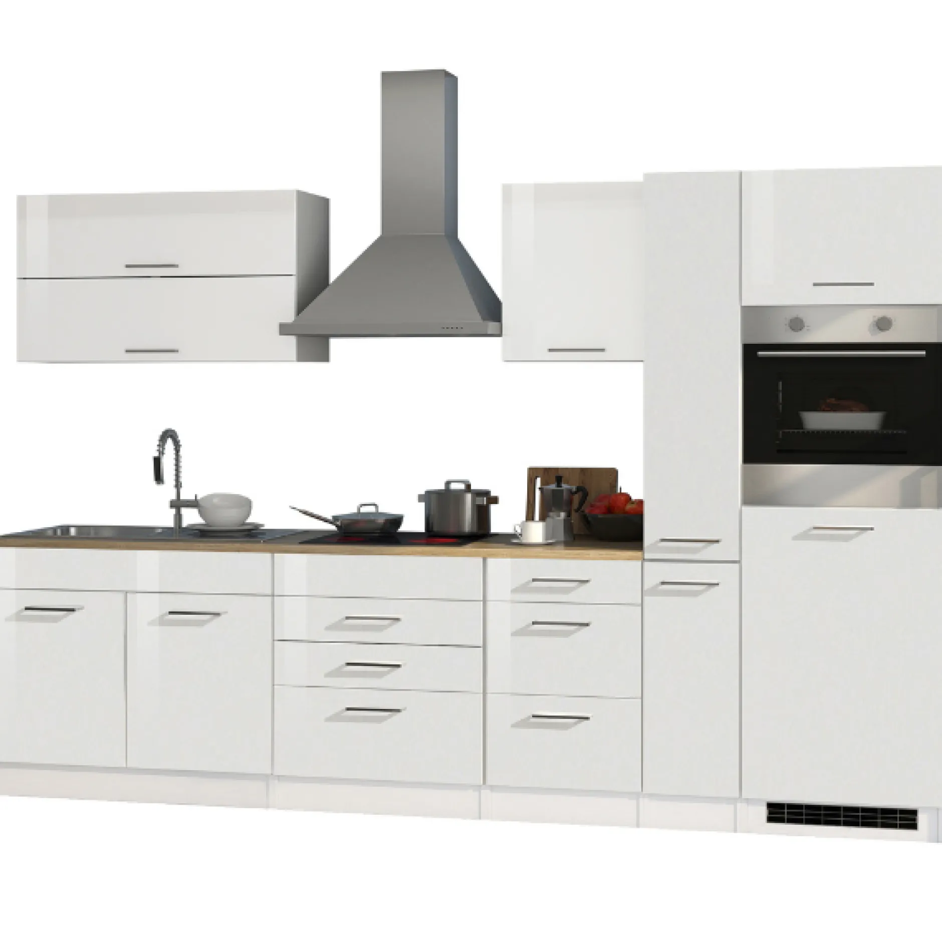 Küchenzeile Ragnar 320cm mit Backofen und Kühlschrank - Hochglanz weiß