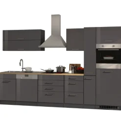 Küchenzeile Ragnar 330cm mit Backofen und Geschirrspüler - Hochglanz anthrazit