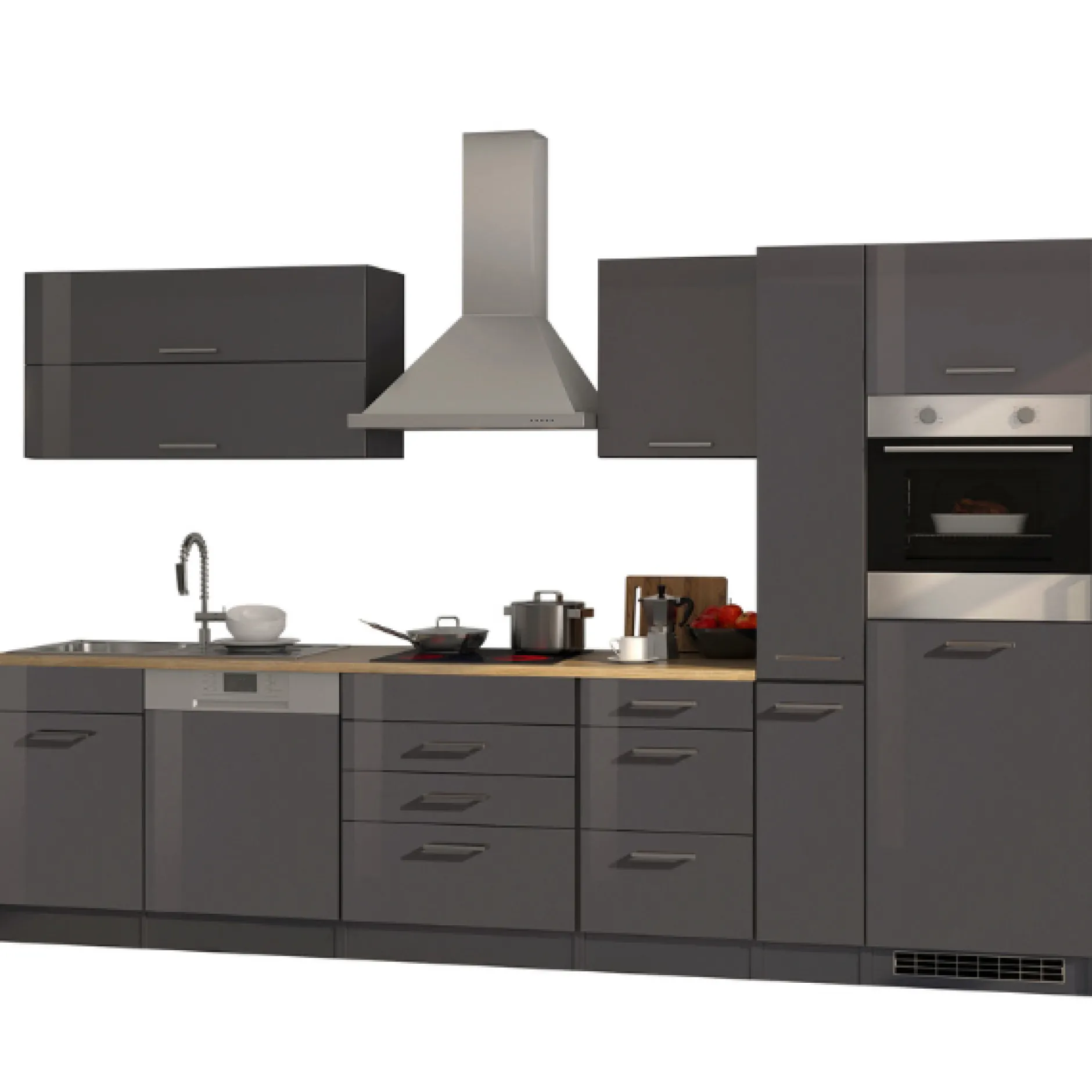Küchenzeile Ragnar 330cm mit Backofen und Geschirrspüler - Hochglanz anthrazit