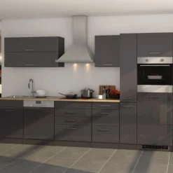 Küchenzeile Ragnar 330cm mit Backofen und Geschirrspüler - Hochglanz anthrazit