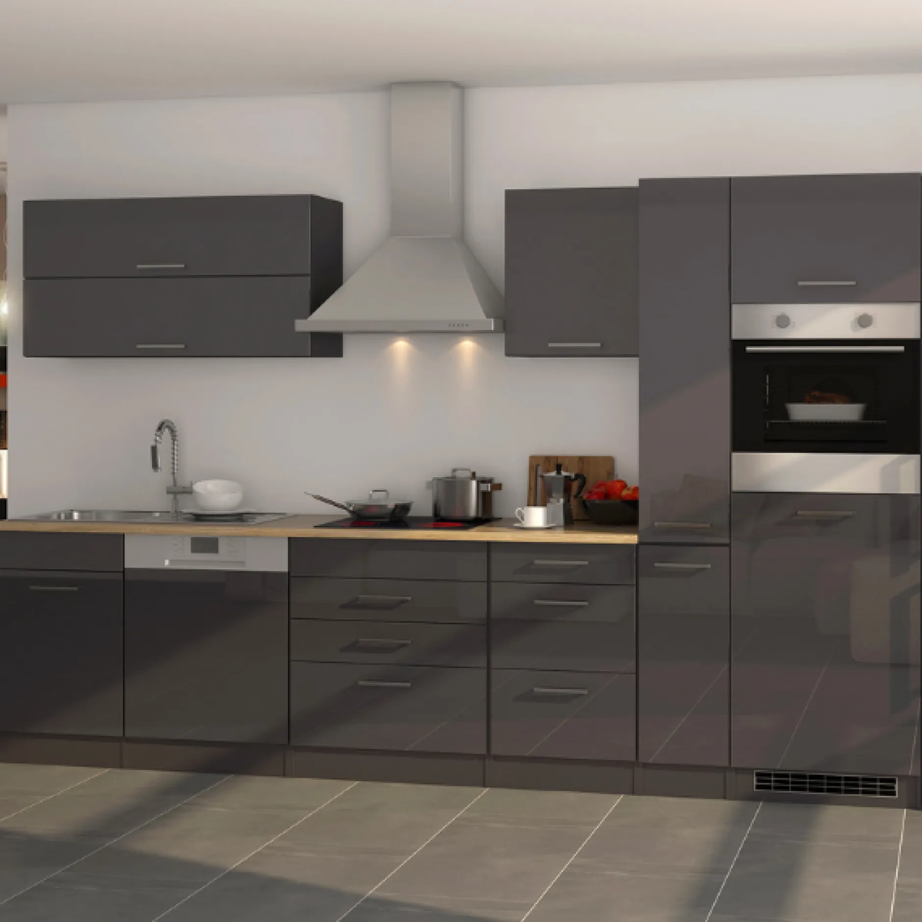 Küchenzeile Ragnar 330cm mit Backofen und Geschirrspüler - Hochglanz anthrazit